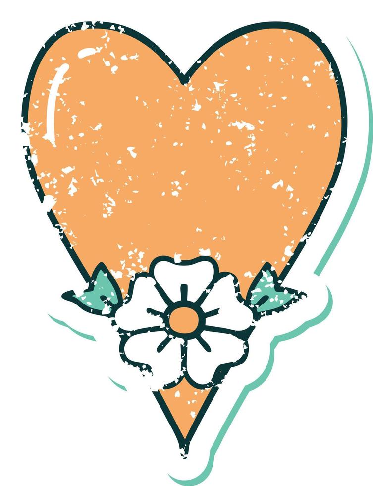 iconisch verontrust sticker tatoeëren stijl beeld van een hart en bloem vector