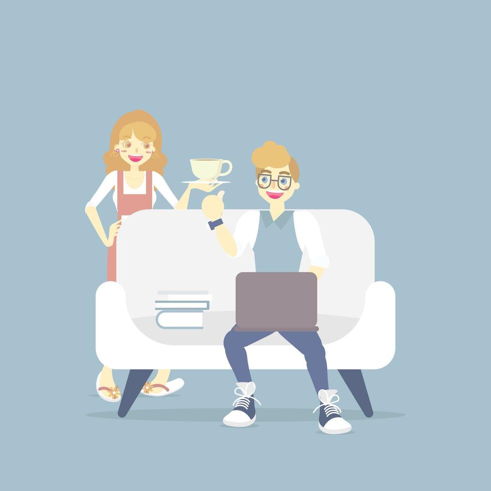 getrouwd paar zakenman freelance werken Bij huis Aan weekend vakantie vakantie, zittend Aan bankstel sofa met laptop notitieboekje en huisvrouw, vlak vector illustratie tekenfilm karakter ontwerp klem kunst