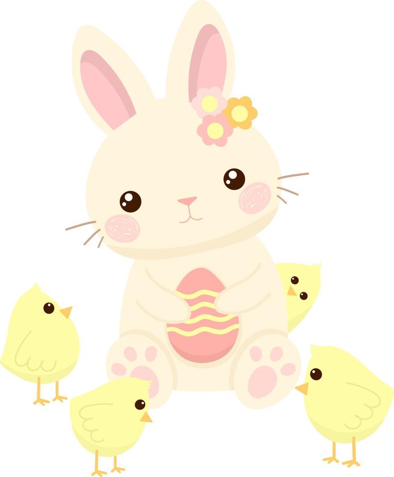tekenfilm Pasen konijn met Pasen ei en weinig kuikens. vector illustratie
