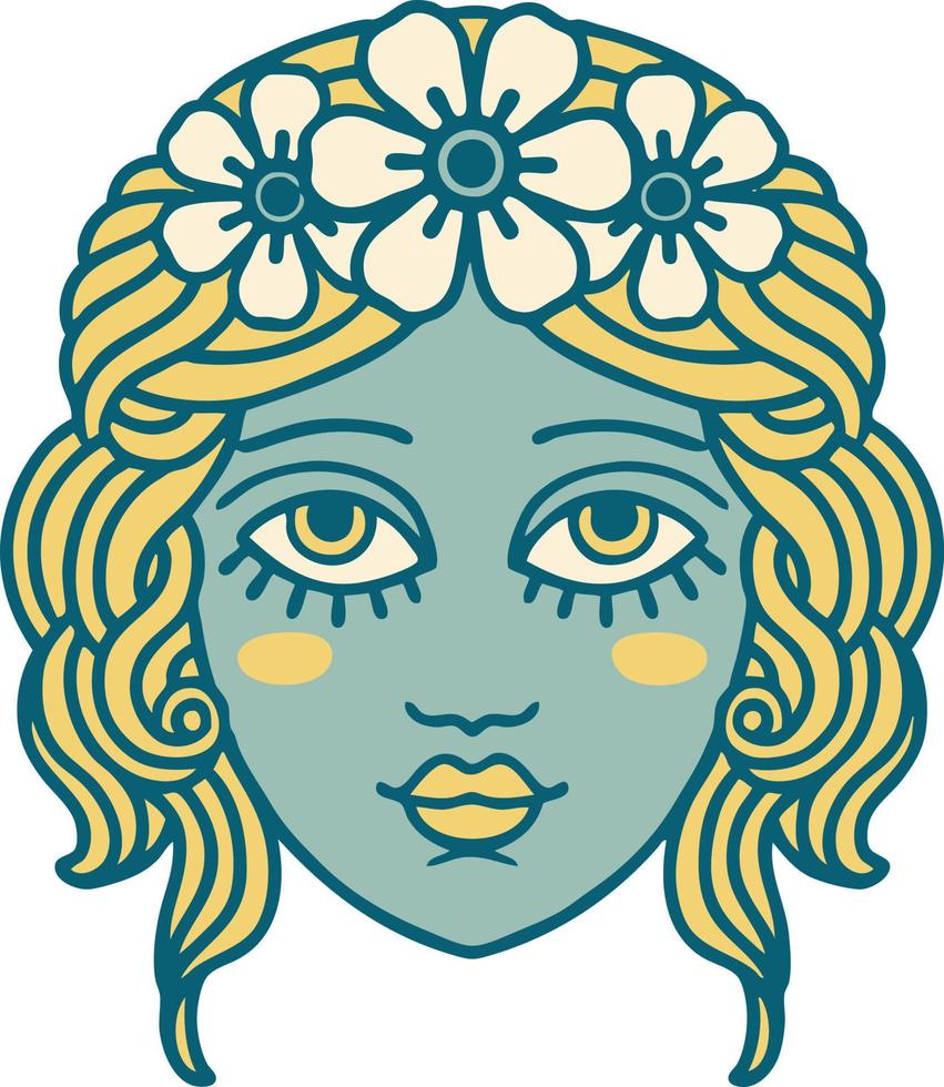 iconisch tatoeëren stijl beeld van vrouw gezicht met kroon van bloemen vector