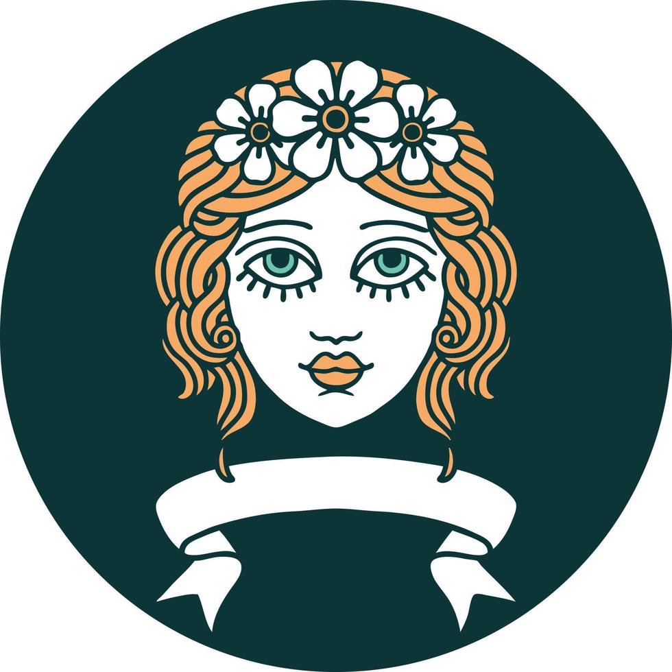 tatoeëren stijl icoon met banier van vrouw gezicht met kroon van bloemen vector