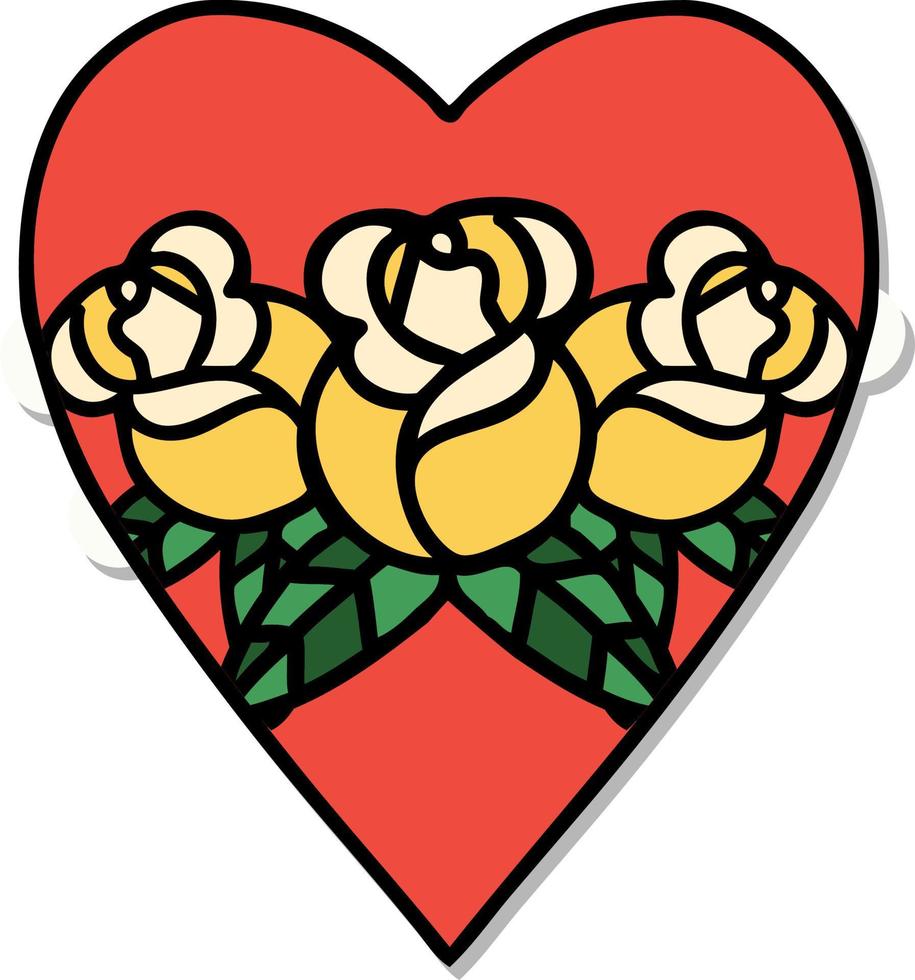 sticker van tatoeëren in traditioneel stijl van een hart en bloemen vector