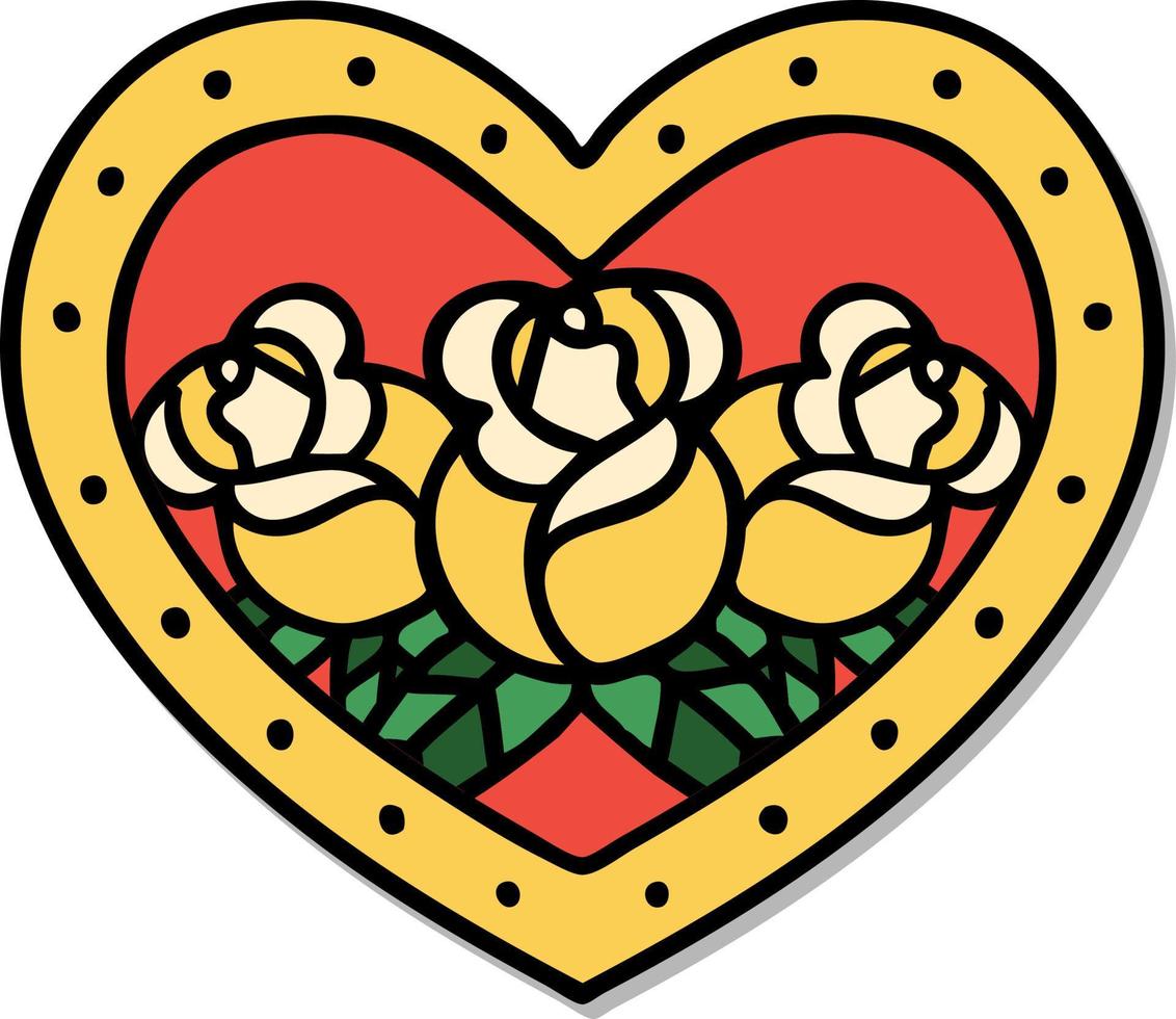 sticker van tatoeëren in traditioneel stijl van een hart en bloemen vector