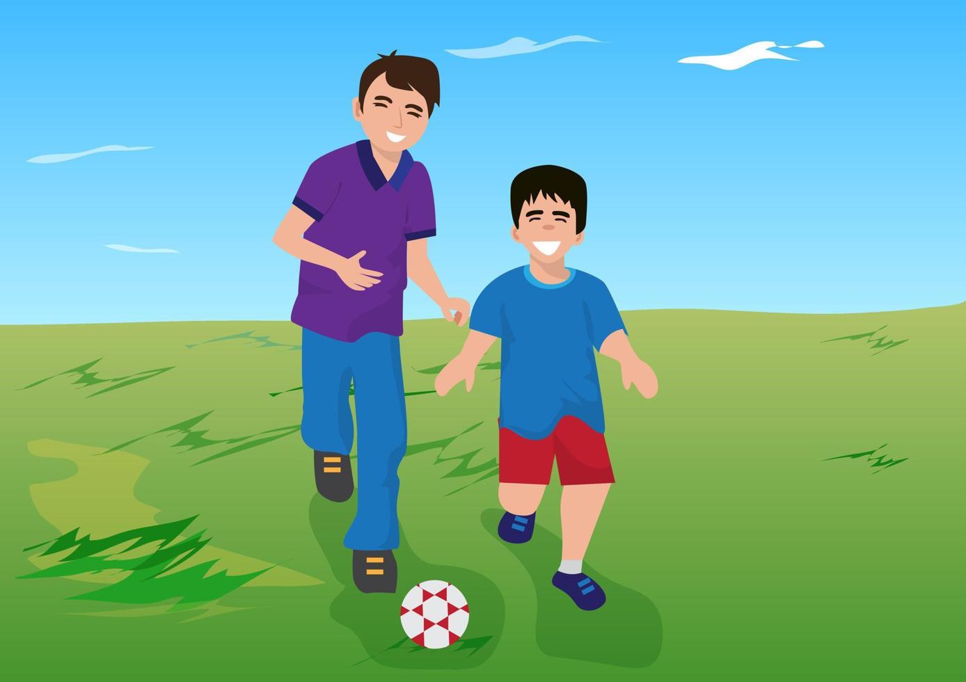 vader en zoon spelen voetbal in de dag gelukkig familie en hebben pret samen vector beeld
