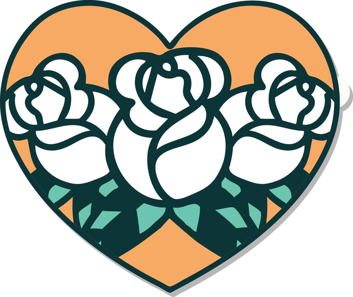 sticker van tatoeëren in traditioneel stijl van een hart en bloemen vector