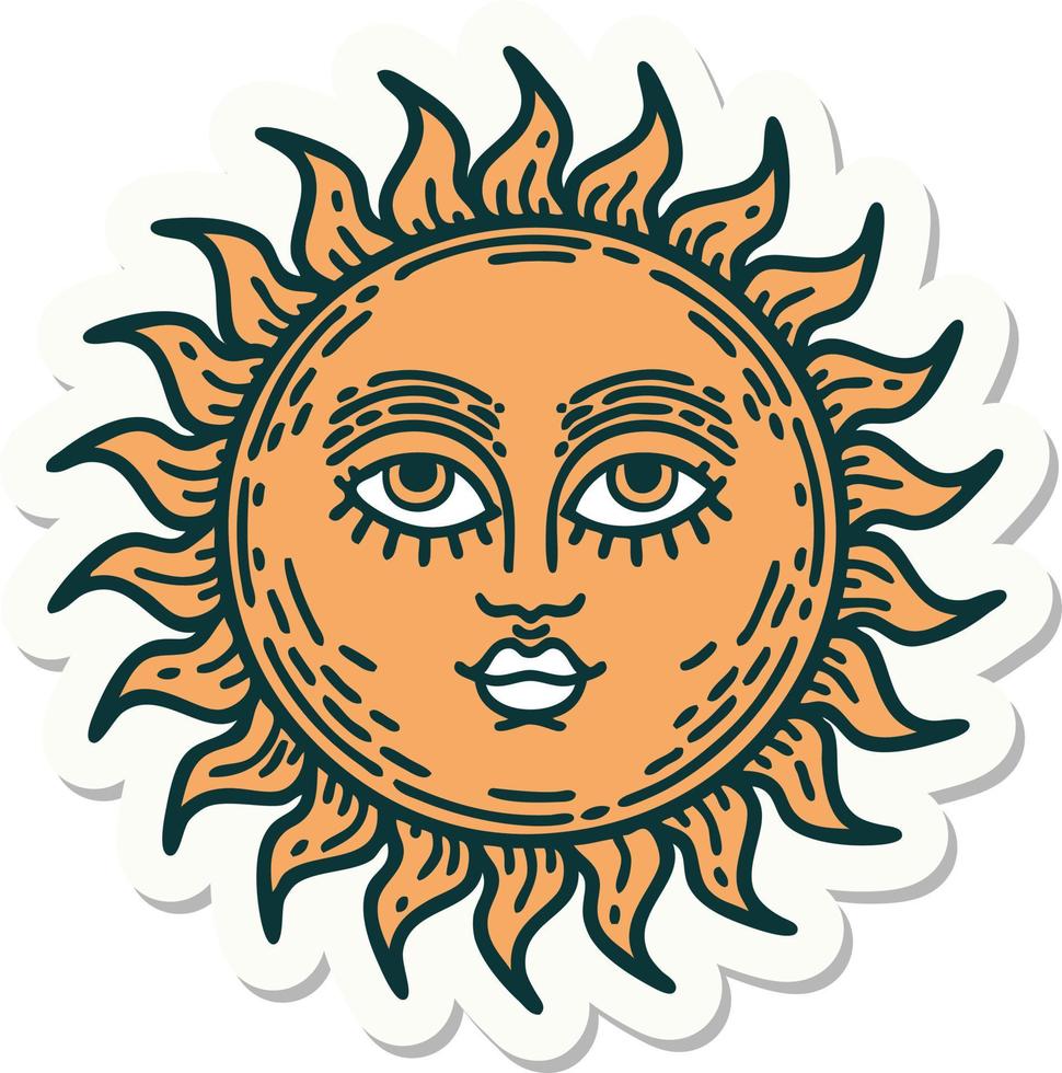 sticker van tatoeëren in traditioneel stijl van een zon met gezicht vector