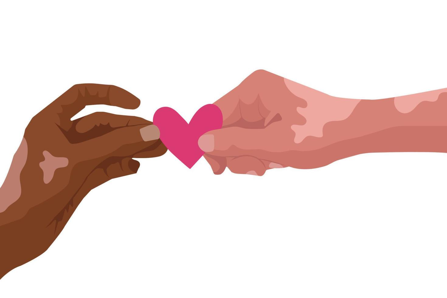 handen met vitiligo van multicultureel mensen Holding een hart. geven en delen liefde met mensen, nemen zorg liefde. concept van inclusie en diversiteit. vector illustratie.