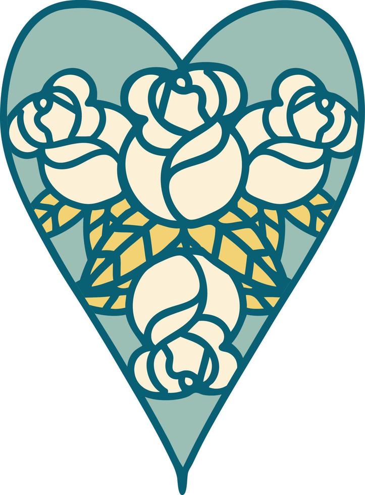 iconisch tatoeëren stijl beeld van een hart en bloemen vector