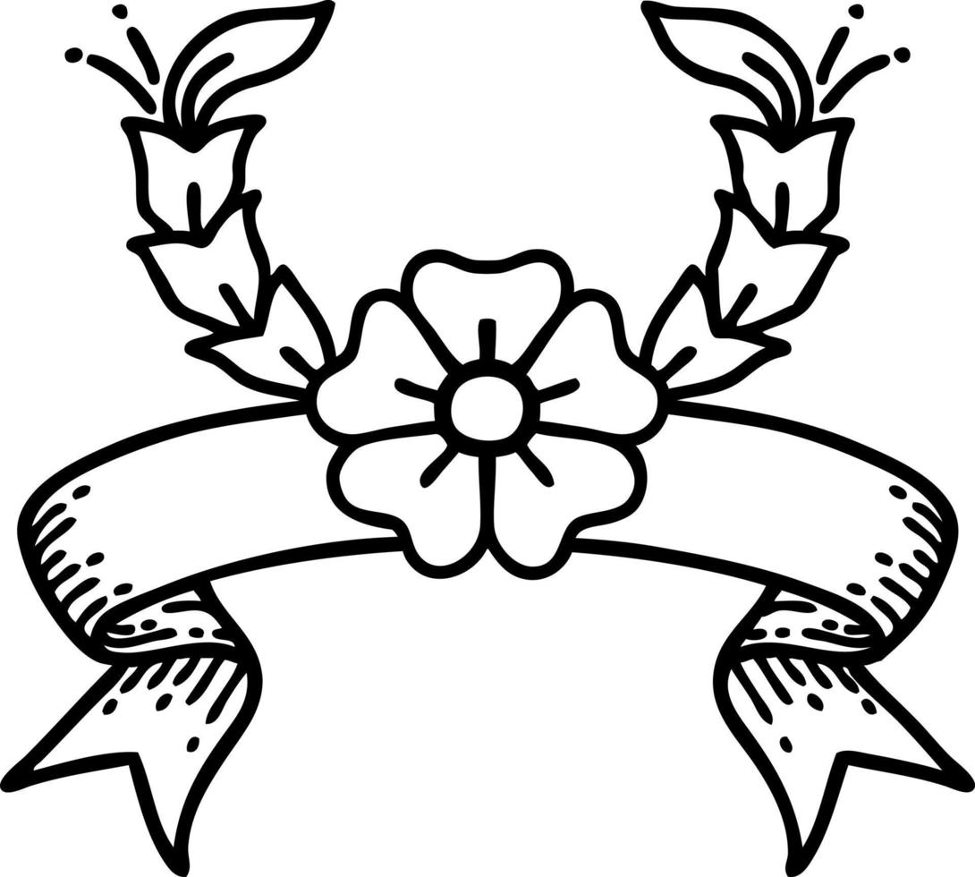 traditioneel zwart band werk tatoeëren met banier van een decoratief bloem vector