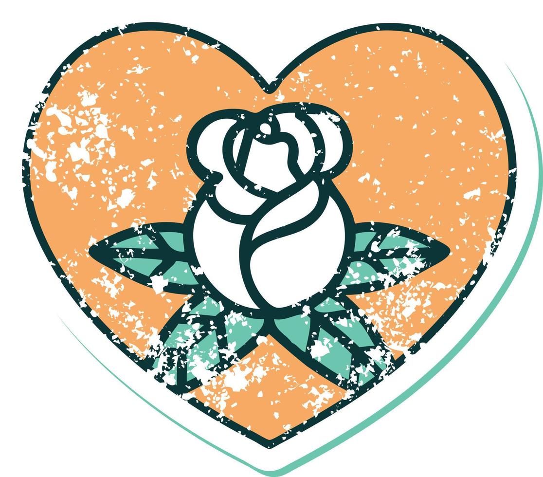 iconisch verontrust sticker tatoeëren stijl beeld van een hart en bloemen vector