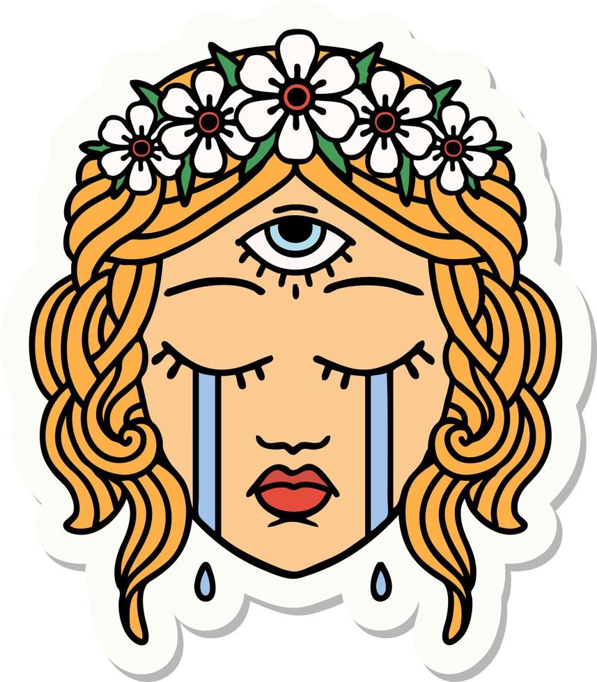 sticker van tatoeëren in traditioneel stijl van vrouw gezicht met mysticus derde oog huilen vector