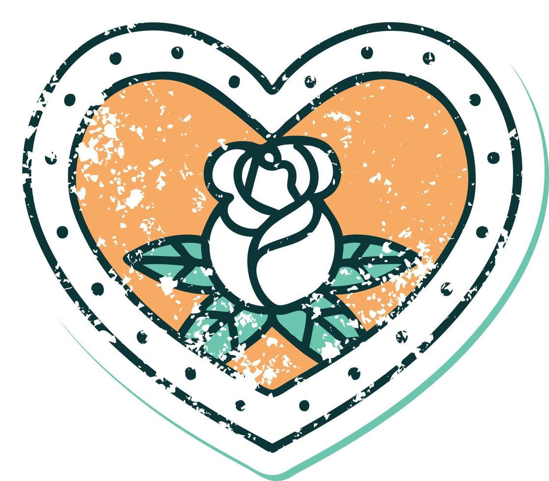 iconisch verontrust sticker tatoeëren stijl beeld van een hart en bloemen vector