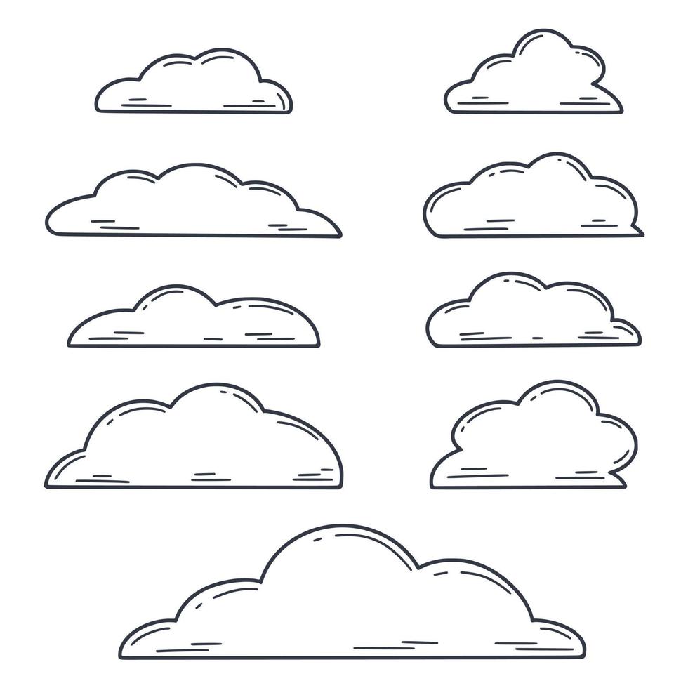 hand- getrokken gravure wolken verzameling geïsoleerd Aan wit achtergrond vector