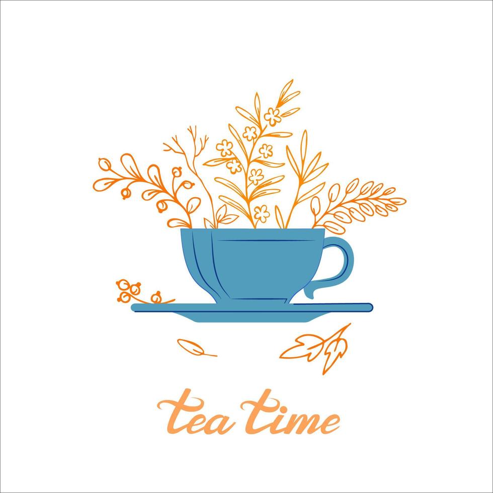 vaag theekopje met herfst bladeren binnen en thee tijd belettering vector