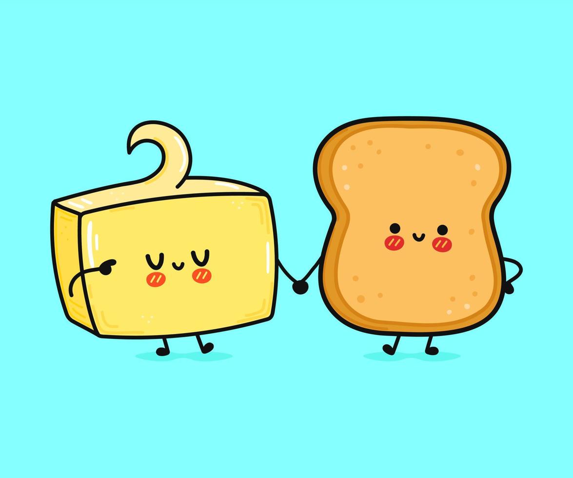 leuke vrolijke toast en boterkaart. vector hand getrokken doodle stijl cartoon karakter illustratie pictogram ontwerp. gelukkige brood en boter vrienden concept kaart