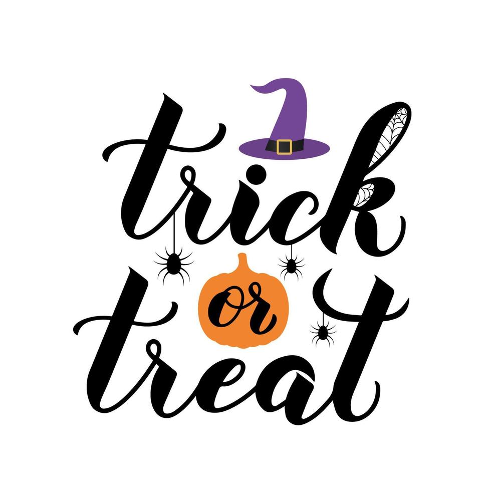 truc of traktatie halloween citaat schoonschrift hand- belettering met pompoen en spinnen. gemakkelijk naar Bewerk vector sjabloon voor groet kaart, banier, typografie poster, partij uitnodiging, t-shirt, enz.