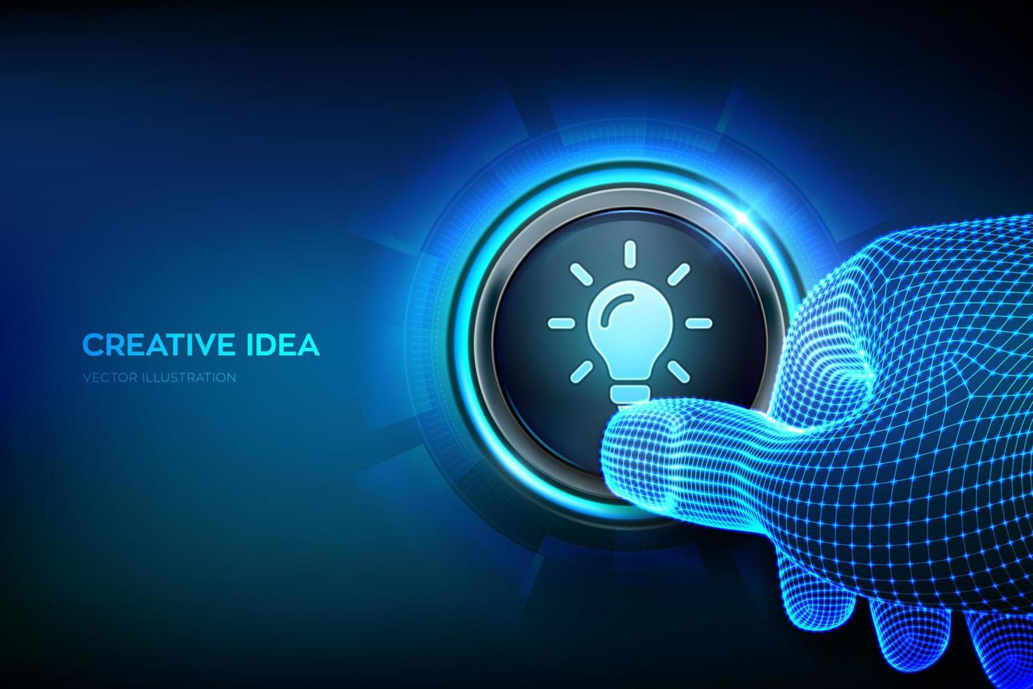 nieuw idee. creatief idee lamp icoon. creativiteit, innovatie en inspiratie modern technologie en bedrijf concept. detailopname vinger over naar druk op een knop. alleen maar Duwen de knop. vector illustratie.