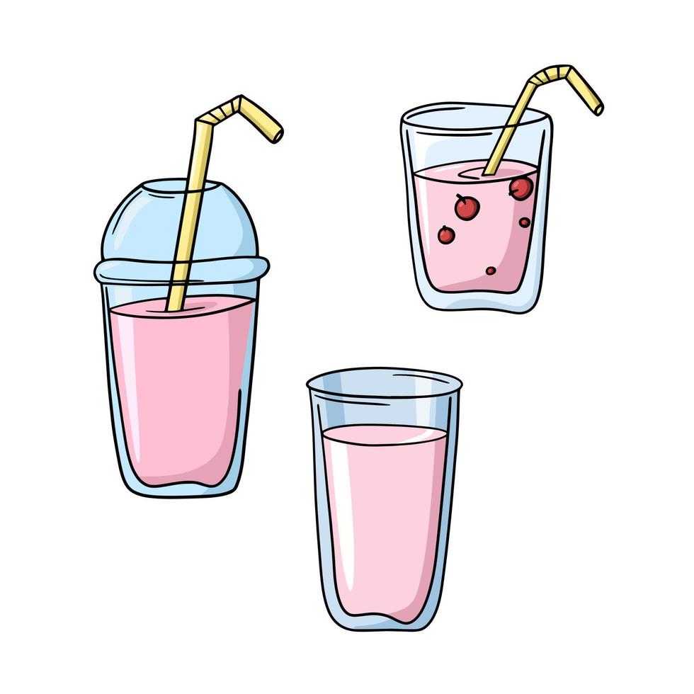 een reeks van gekleurde pictogrammen, een roze fruit milkshake met een drinken buis in een beker, een vector illustratie in tekenfilm stijl Aan een wit achtergrond