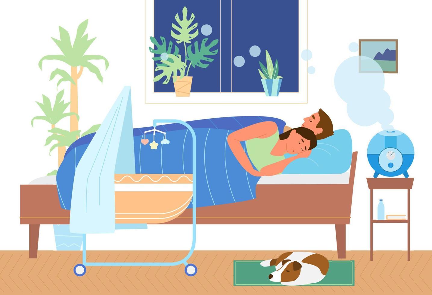 ultrasoon lucht bevochtiger werken in slaapkamer met familie slapen . paar in bed in de buurt wieg, hond slapen. vector illustratie.
