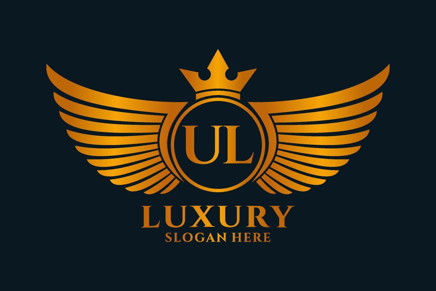 luxe Koninklijk vleugel brief ul kam goud kleur logo vector, zege logo, kam logo, vleugel logo, vector logo sjabloon.