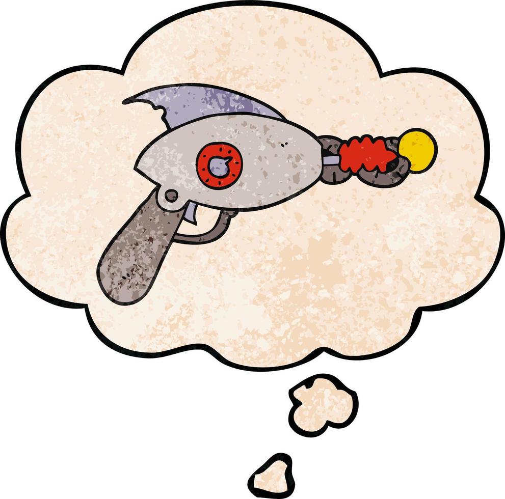 cartoon ray gun en gedachte bel in grunge textuur patroon stijl vector