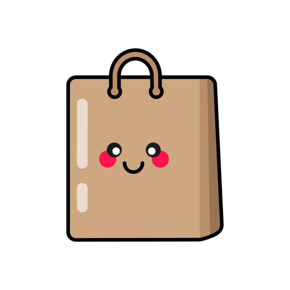 eco zak voor pleisters, insignes, stickers, logo's. schattig grappig tekenfilm karakter icoon in Aziatisch Japans kawaii stijl. vector ecologie doodles van papier tas. Nee plastic tas, gebruik uw eigen eco tas.