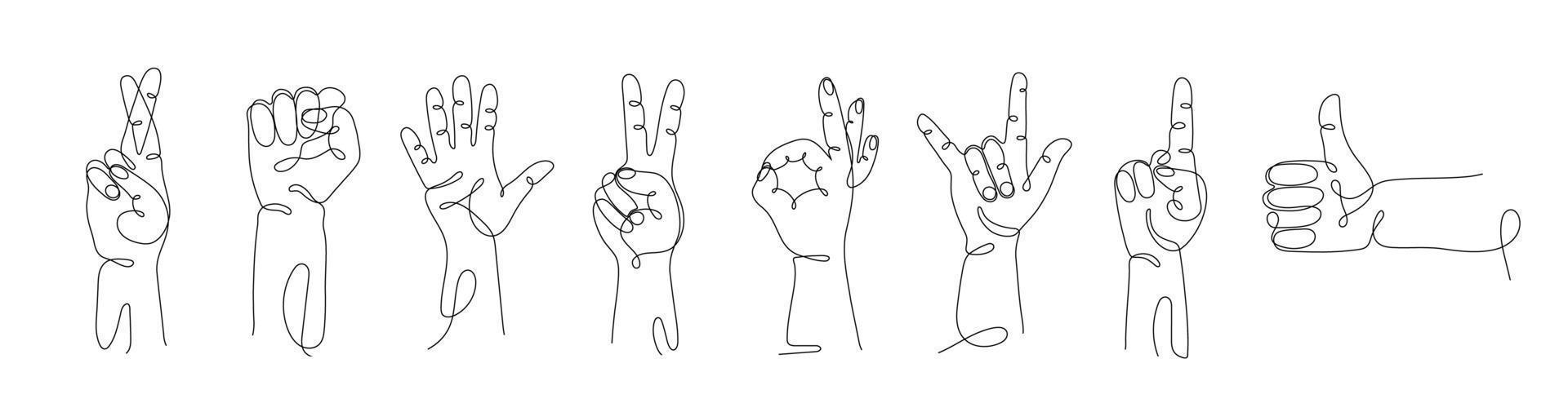 single lijn getrokken hand- gebaren set, minimalistisch menselijk handen met Leuk vinden teken, OK, een, twee, vijf, steen, hou op, Hallo, vuist, kruis vingers, richten vinger. dynamisch doorlopend een lijn grafisch vector