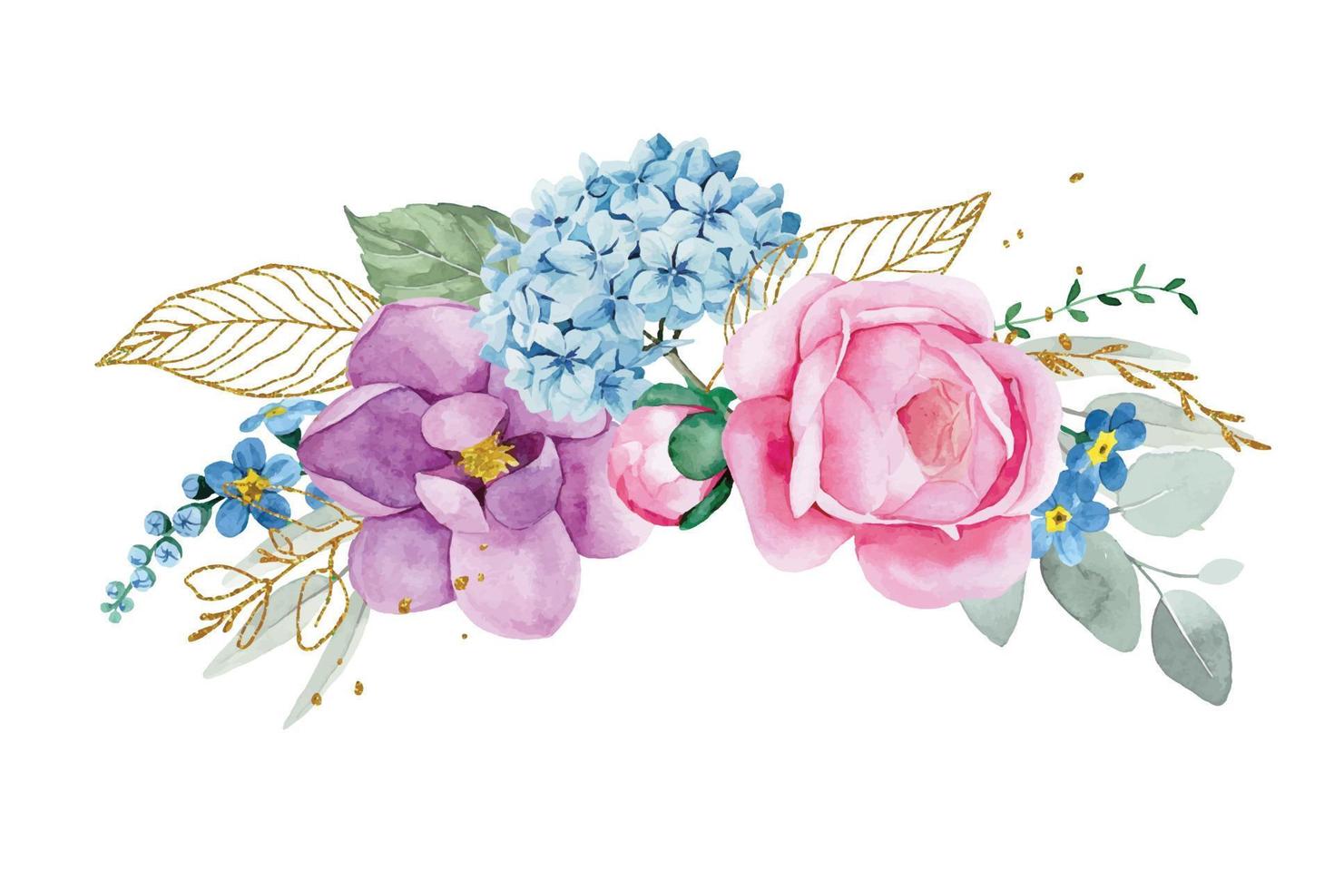 waterverf tekening. boeket, samenstelling van eucalyptus bloemen en bladeren, gouden bladeren en elementen. roze roos bloemen, pioen, blauw hortensia's. vector