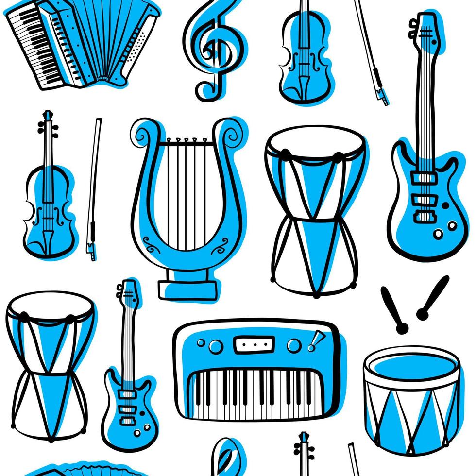 schets musical instrumenten naadloos patroon, vector geïsoleerd Aan wit achtergrond silhouetten, gemakkelijk hand- getrokken tekening pictogrammen.