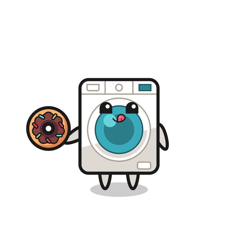 illustratie van een het wassen machine karakter aan het eten een donut vector