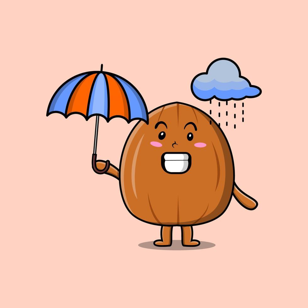 schattig tekenfilm amandel noot in regen gebruik makend van een paraplu vector
