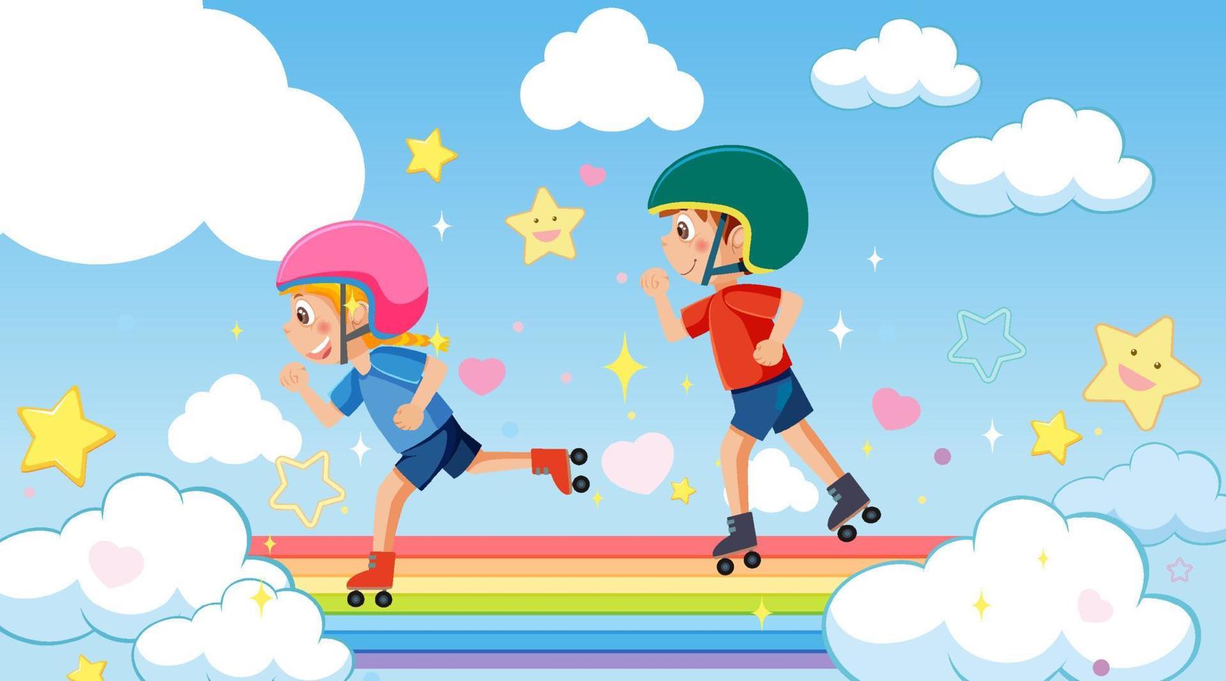 kinderen spelen rol skates Aan regenboog vector