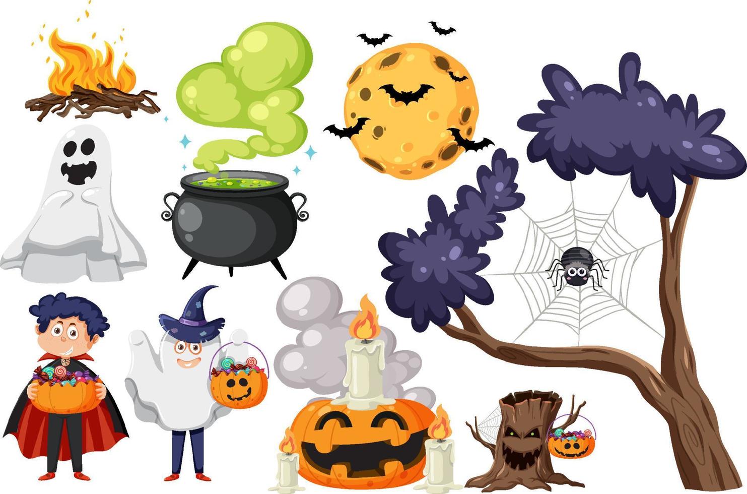 halloween tekenfilm karakter en elementen reeks vector