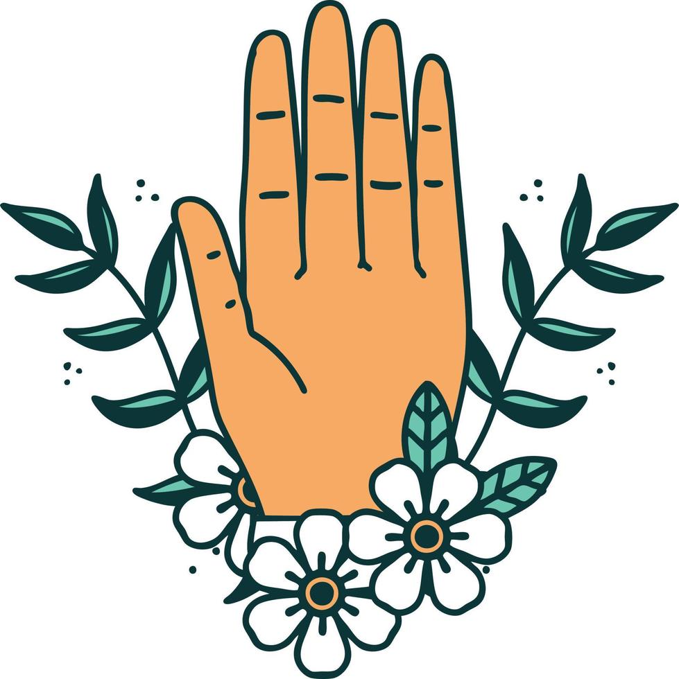 iconisch tatoeëren stijl beeld van een hand- en bloem vector