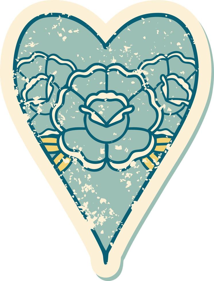 iconisch verontrust sticker tatoeëren stijl beeld van een hart en bloemen vector