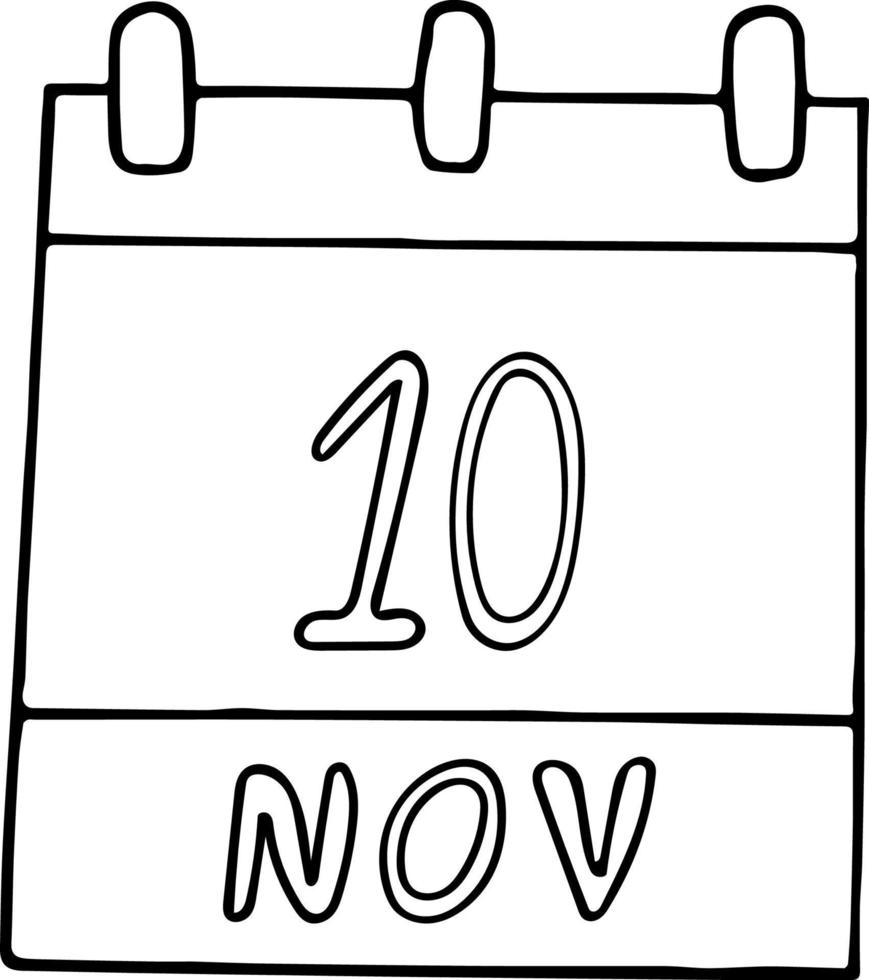 kalender hand- getrokken in tekening stijl. november 10. wereld wetenschap dag, jeugd, Internationale boekhouding, datum. icoon, sticker element voor ontwerp. planning, bedrijf vakantie vector