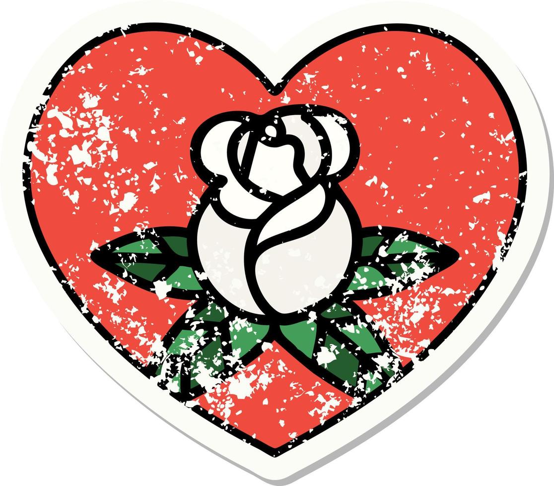 verontrust sticker tatoeëren in traditioneel stijl van een hart en bloemen vector