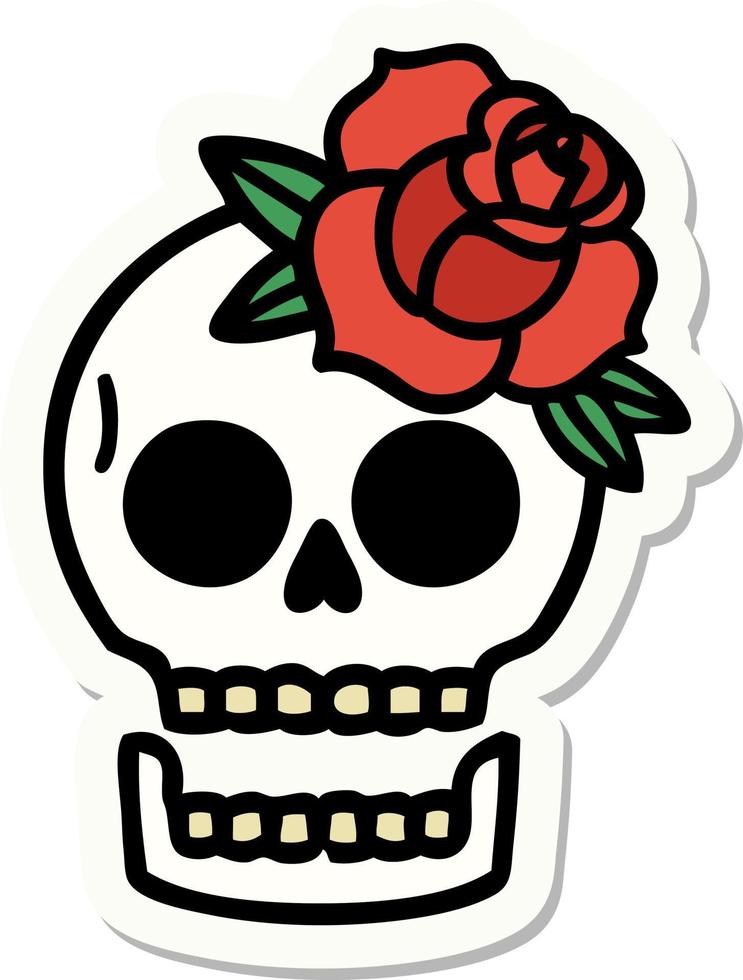 sticker van tatoeëren in traditioneel stijl van een schedel en roos vector