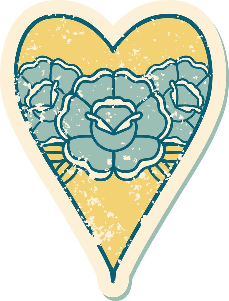 iconisch verontrust sticker tatoeëren stijl beeld van een hart en bloemen vector