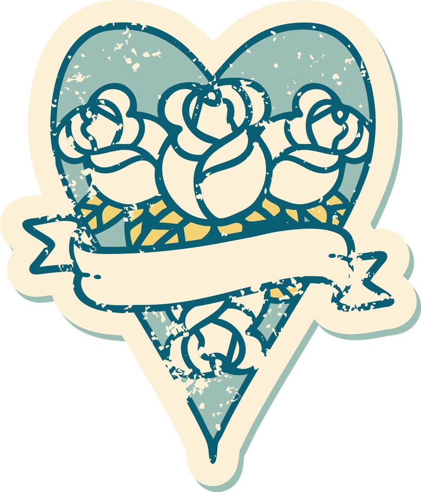 iconisch verontrust sticker tatoeëren stijl beeld van een hart en banier met bloemen vector