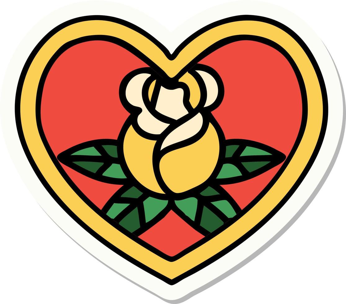 sticker van tatoeëren in traditioneel stijl van een hart en bloemen vector