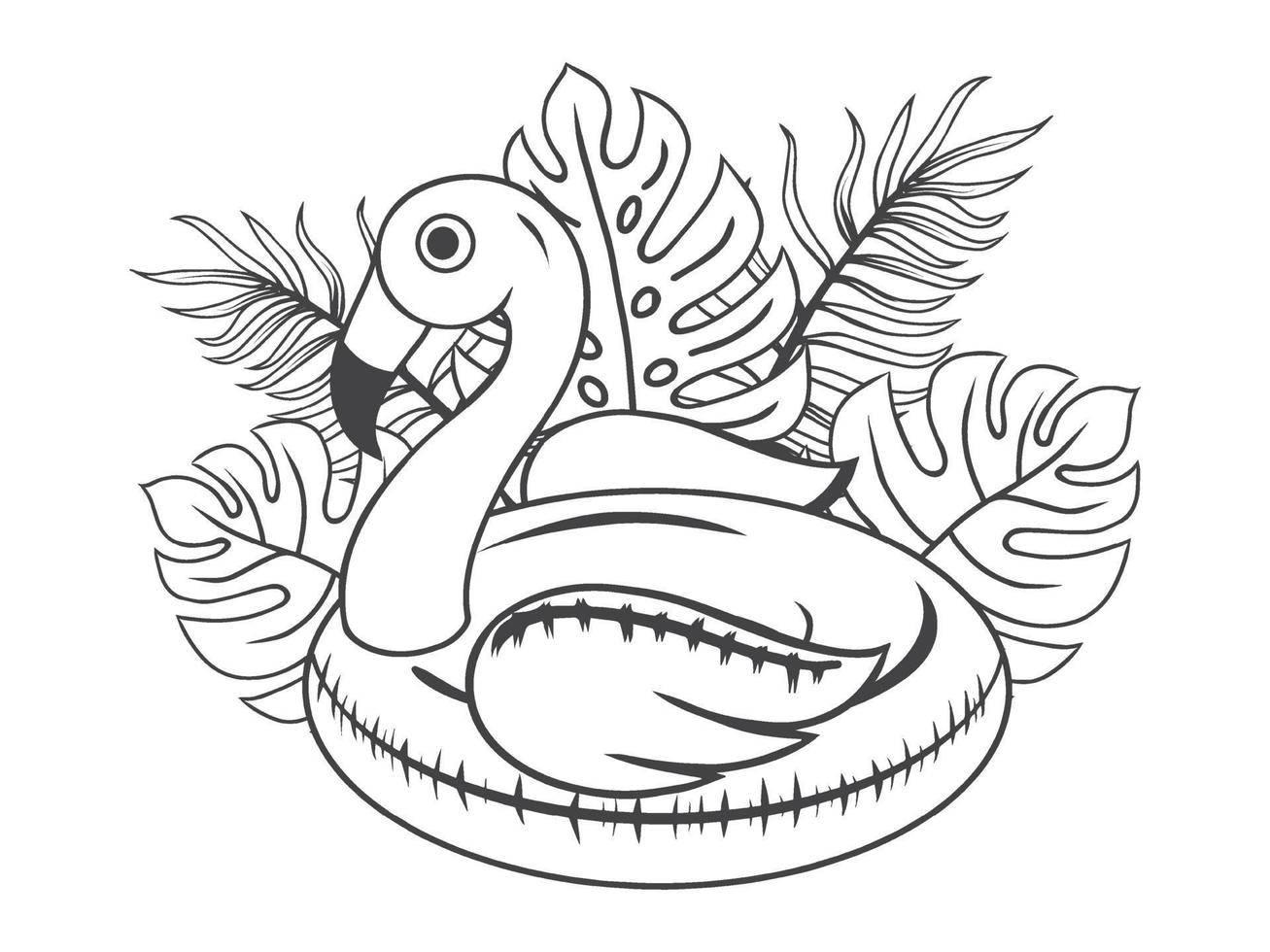 rubber ring voor zwemmen, flamingo en tropisch bladeren. monochroom kinderen illustratie. vector illustratie. kinderen kleur boek. geïsoleerd Aan wit.