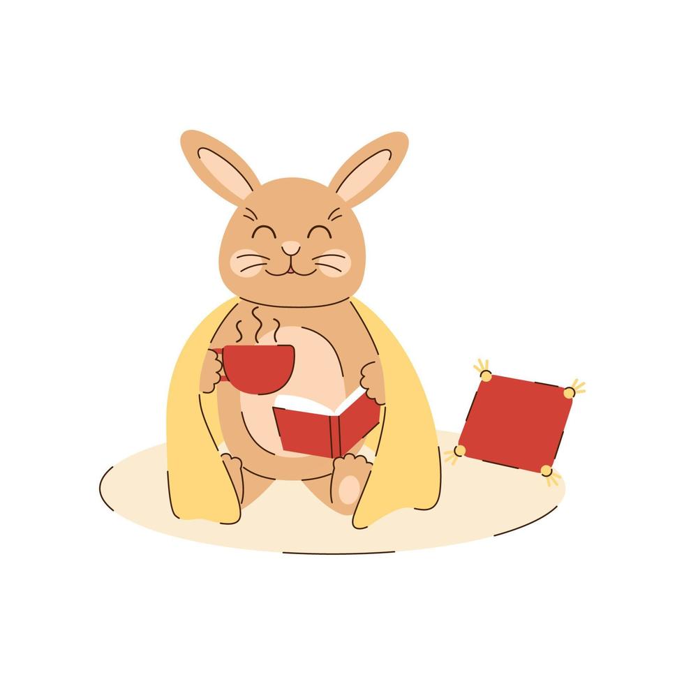 konijn met een mok van thee en een boek zit onder een plaid. herfst knus karakter. schattig beige konijn. seizoensgebonden vector illustratie in vlak stijl