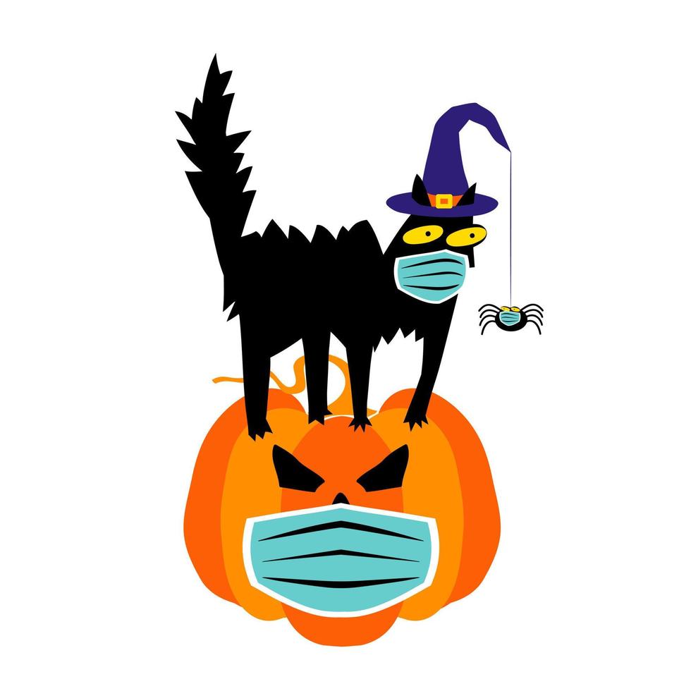 halloween in de coronavirus pandemie. schattig zwart kat in een heks hoed zittend Aan een halloween pompoen in een medisch gezicht masker vector