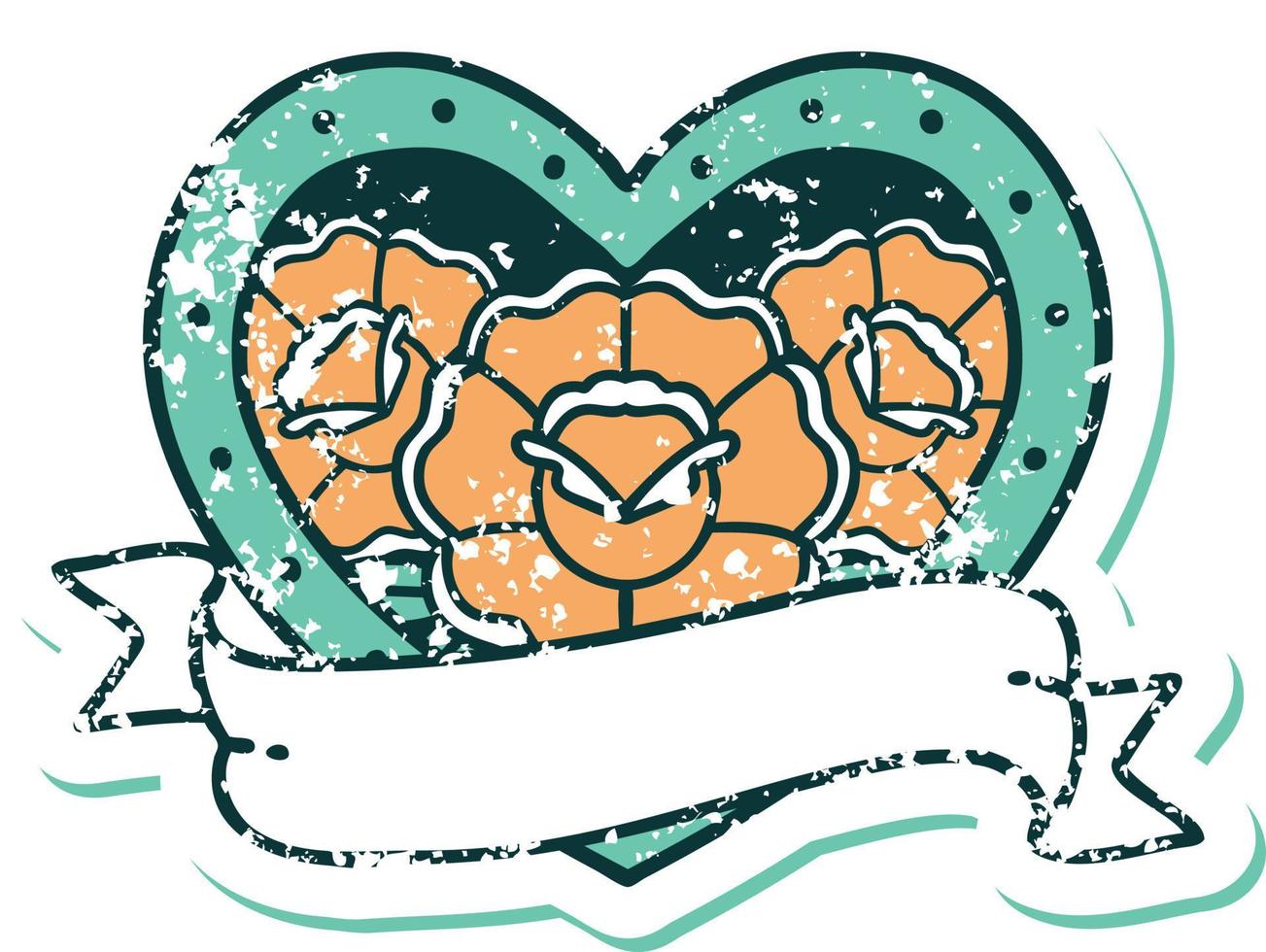 iconisch verontrust sticker tatoeëren stijl beeld van een hart en banier met bloemen vector