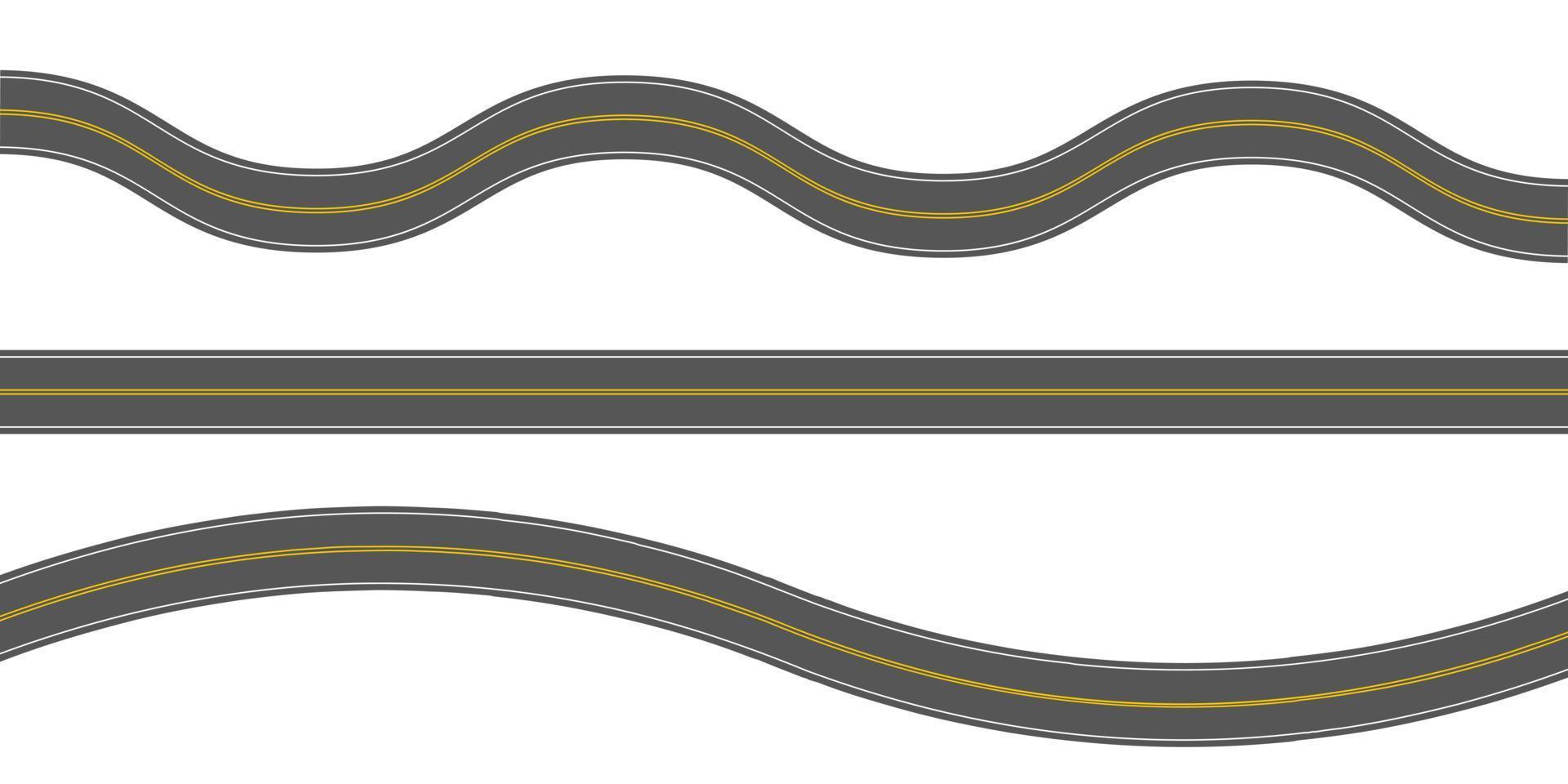 leeg Rechtdoor en kronkelend asfalt wegen met markering. horizontaal top visie. naadloos snelweg Sjablonen. element van straat rijweg vector