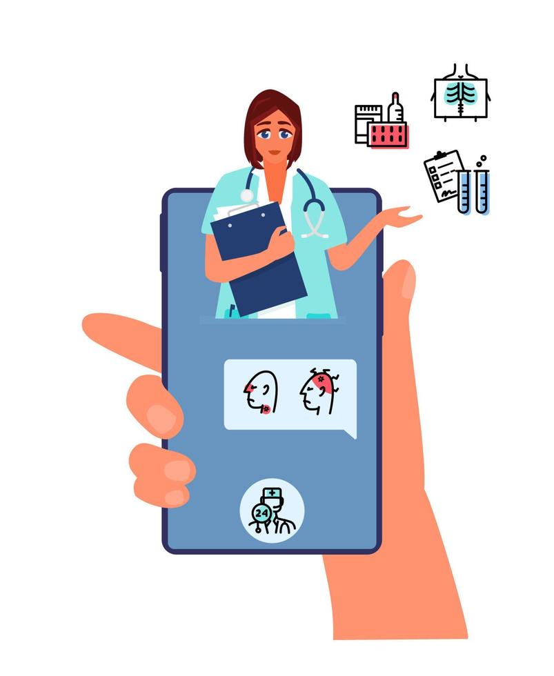 online dokter overleg concept. hand- houdt telefoon met vrouw dokter geven behandeling aanbevelingen. vlak vector illustratie. medisch pictogrammen.