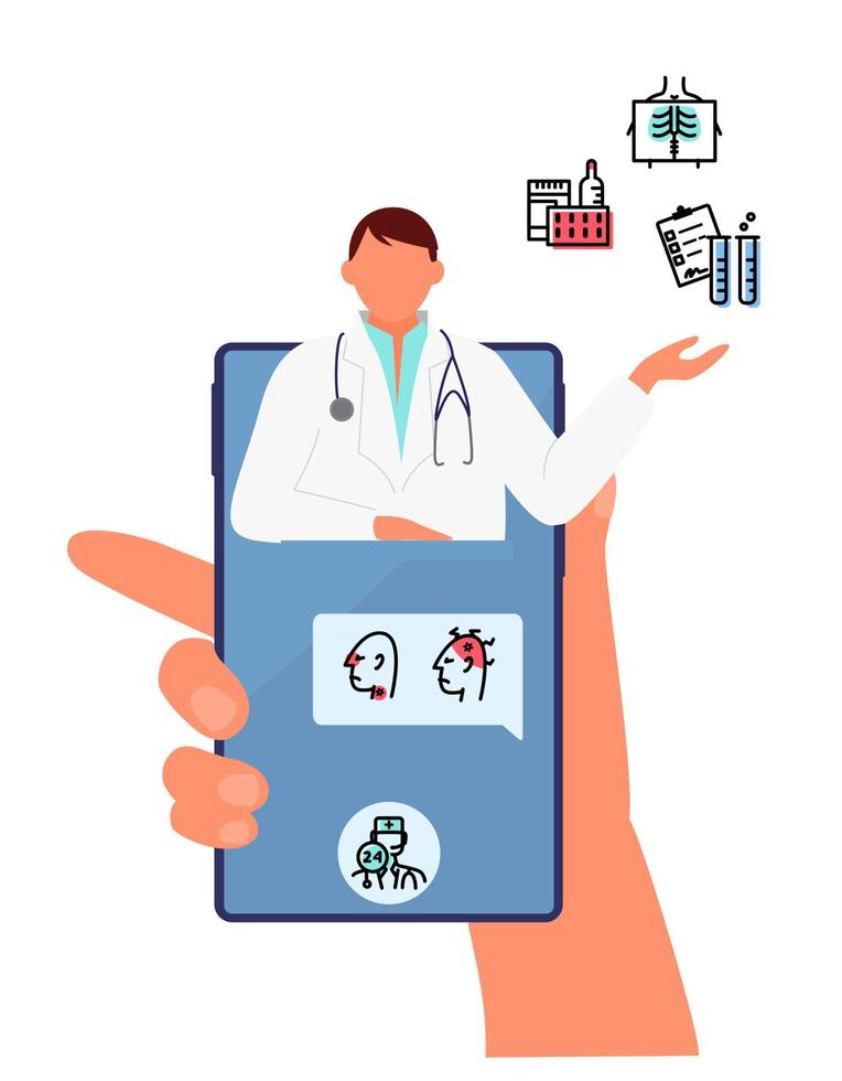 online dokter overleg concept. hand- houdt telefoon met dokter geven behandeling aanbevelingen. vlak vector illustratie. medisch pictogrammen.