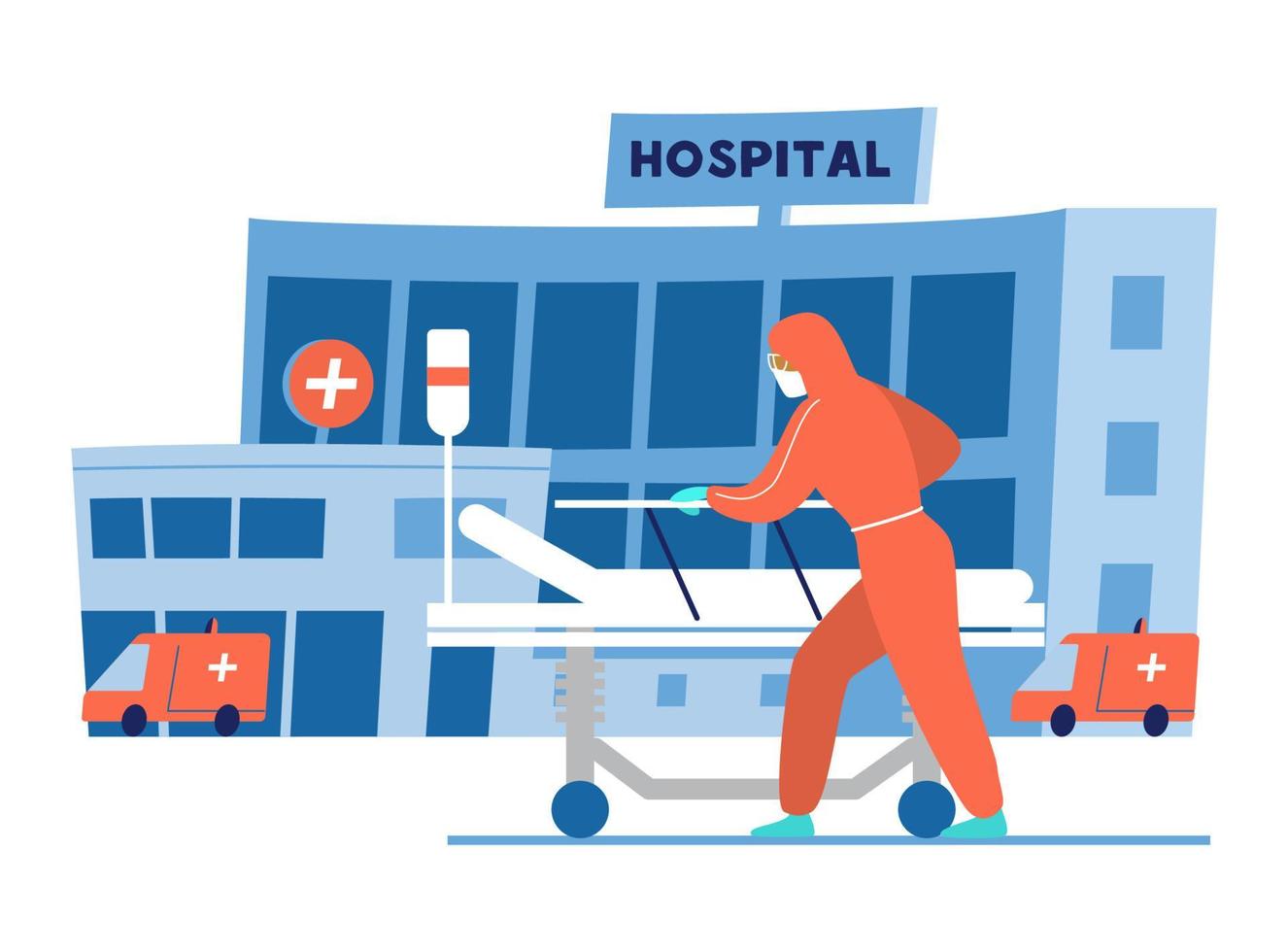 dokter in beschermend kleding met leeg medisch bed in voorkant van ziekenhuis gebouw. vlak vector illustratie.