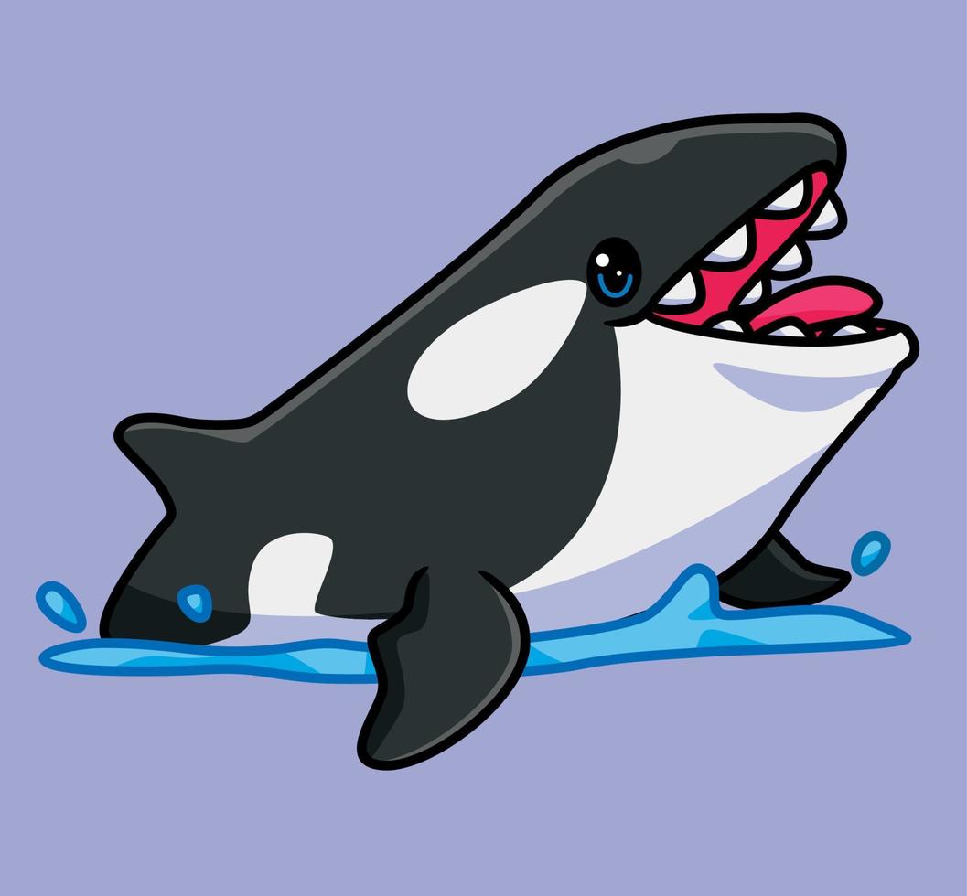 schattig moordenaar walvis oppervlakte Open zijn mond. geïsoleerd tekenfilm dier illustratie. vlak stijl sticker icoon ontwerp premie logo vector. mascotte karakter vector